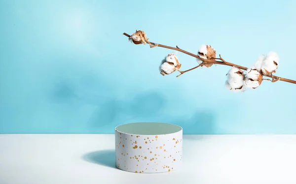 Podium Beauty Product Promotion Spring Cotton Twig Light Blue Empty — Stock Photo, Image