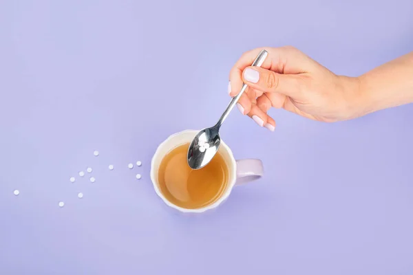 背景色に砂糖代わりにティーカップ 健康的な食事の概念 トップビュー コピースペース — ストック写真