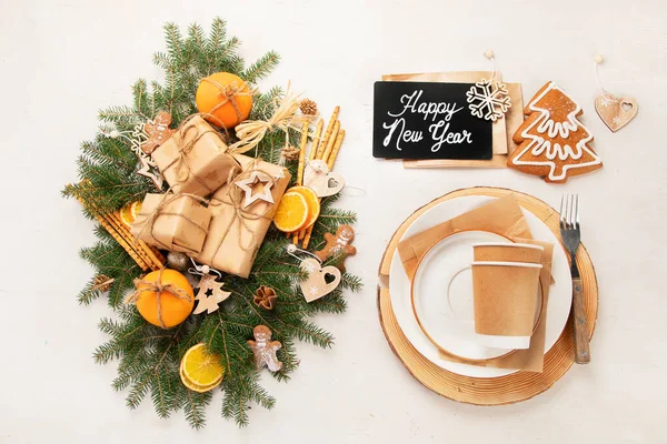 Weihnachten Umweltfreundliches Tischdecken Keine Verschwendung Weihnachts Und Neujahrsferien Konzept Draufsicht — Stockfoto