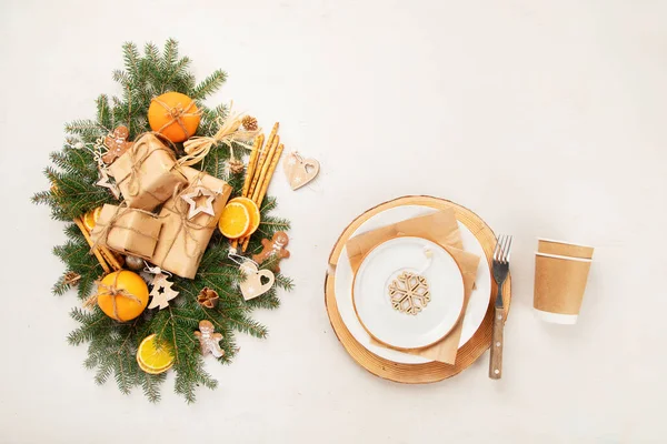 Weihnachten Umweltfreundliches Tischdecken Keine Verschwendung Weihnachts Und Neujahrsferien Konzept Draufsicht — Stockfoto