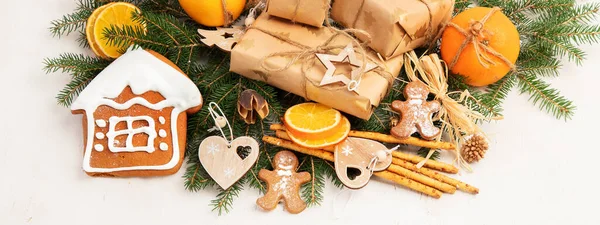 クリスマスと新年の休暇のコンセプト トップビュー パノラマ バナー — ストック写真