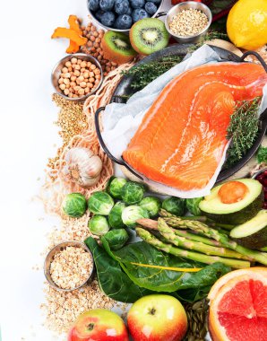 Dengeli beslenme geçmişi. Beslenme, temiz yeme konsepti. Vitaminli ve mineralli diyet planı. Üst görünüm.