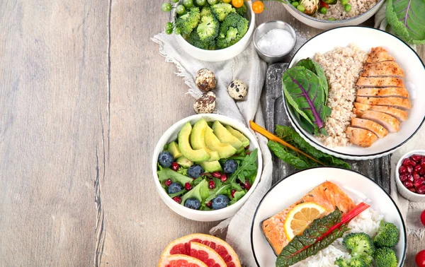 Stół Różnych Zdrowych Potraw Spożywczych Zdrowy Asortyment Żywności Koncepcja Diety — Zdjęcie stockowe