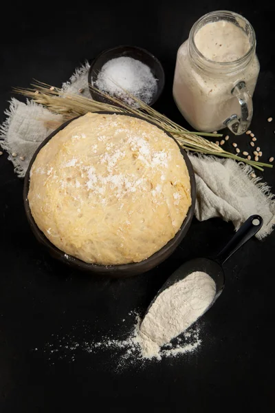 Raw Dough Pastry Bowl Dark Background Homemade Bio Food Concept — Stock Photo, Image