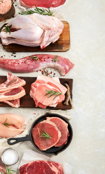 Various Types Fresh Meat Pork Beef Chicken Grey Background Top — Stock Photo, Image