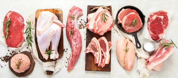 Various Types Fresh Meat Pork Beef Chicken Grey Background Top — Stock Photo, Image