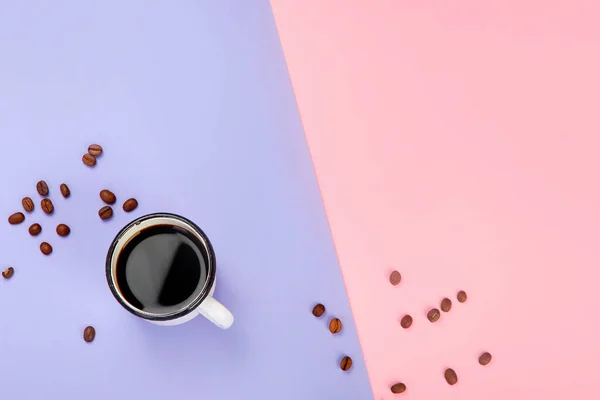 Filiżanka Kawy Tle Koloru Nowoczesna Koncepcja Śniadania Widok Góry Płaski — Zdjęcie stockowe
