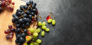 Tahta bir tabakta yeşil ve siyah üzümler. Üst Manzara. Kopyalama alanı olan Panorama.