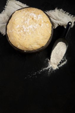 Koyu arkaplanda bir kasede çiğ hamur tatlısı. Ev yapımı biyolojik gıda konsepti. Üst görünüm, alanı kopyala