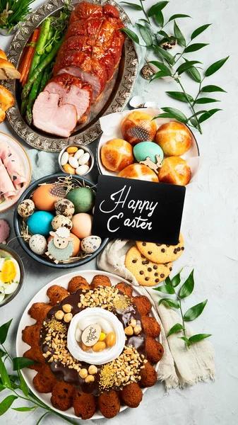 Classic Easter Ham Dinner Top View Table Scene White Background — Stock Photo, Image
