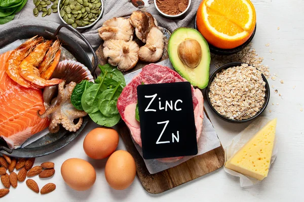 Foods High in Zinc for lowers cholesterol; reproduce health, boosts immune system. Healthy diet concept. Top view.