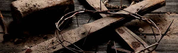 Crucifixion Jesus Christ Cross Hammer Bloody Nails Crown Thorns Panorama — Stock Photo, Image
