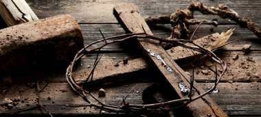 Crucifixion Of Jesus Christ - Cross With Hammer Bloody Nails And Crown Of Thorns.  Panorama