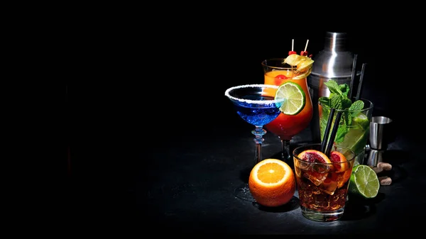 Set Various Colorful Cocktails Black Background Classic Long Drink Cocktails — Stok fotoğraf