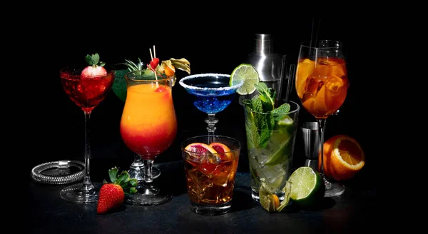 Set Various Colorful Cocktails Black Background Classic Long Drink Cocktails — стоковое фото