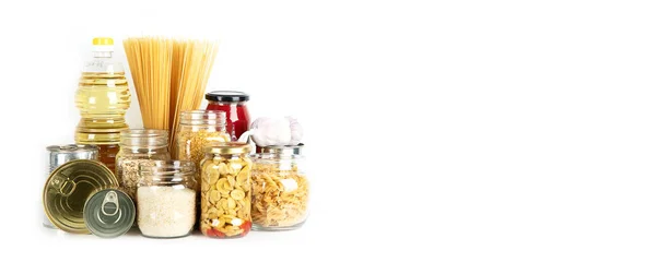 Food Supplies Crisis Food Stock Different Glass Jars Grains Pasta — Foto Stock