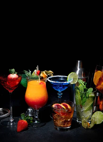 Set Various Colorful Cocktails Black Background Classic Long Drink Cocktails — Photo