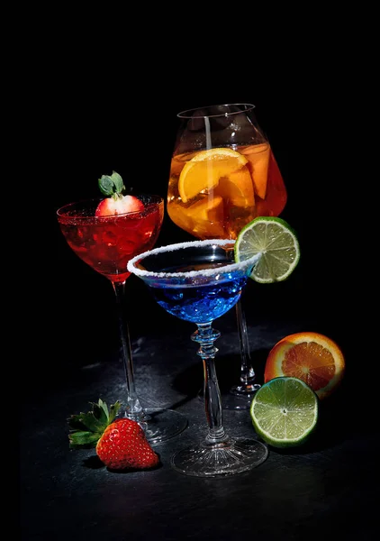Set Various Colorful Cocktails Black Background Classic Long Drink Cocktails — стоковое фото