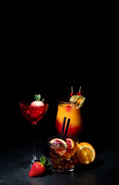 Set Various Colorful Cocktails Black Background Classic Long Drink Cocktails — Stockfoto