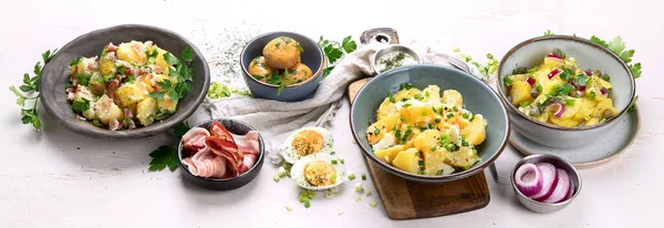 Set Diferite Salate Cartofi Bucătăria Tradițională Germană Americană Panorama Banner — Fotografie, imagine de stoc