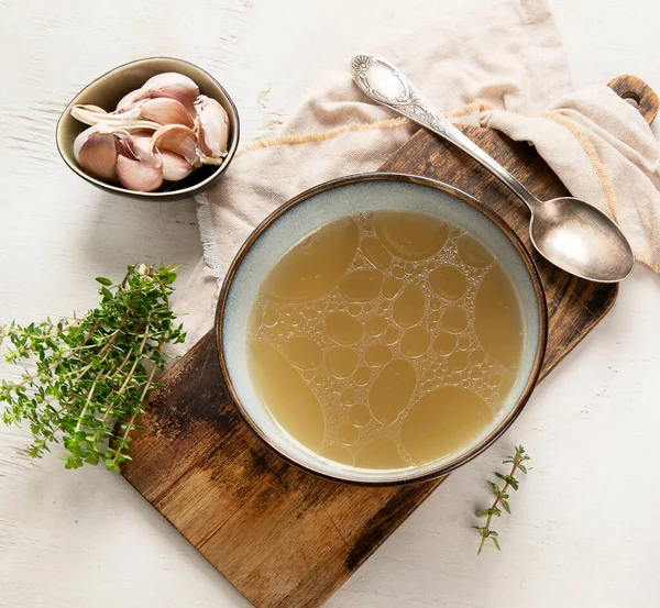 Broth Bowl Gray Background Healthy Food Top View — Stock Photo, Image