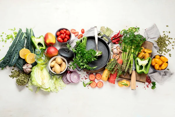 Здоровое Питание Чистый Выбор Еды Фрукты Овощи Семена Суперпродукты Хлопья — стоковое фото