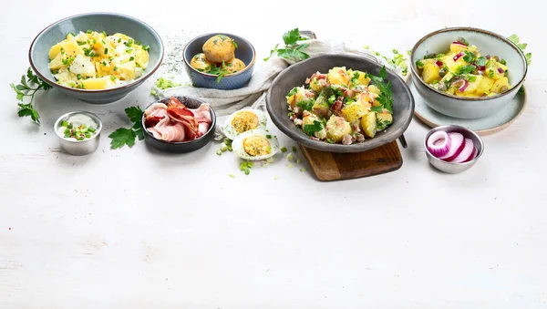 Set Different Potato Salads Traditional German American Cuisine Copy Space — Stock Photo, Image