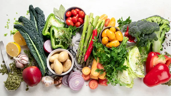 Alimentação Saudável Seleção Alimentação Limpa Frutas Vegetais Sementes Superalimentos Cereais — Fotografia de Stock