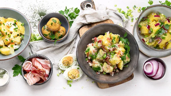 Set Different Potato Salads Traditional German American Cuisine Top View — Stock Photo, Image