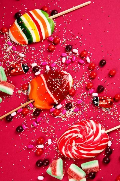 Gemischte Sammlung Von Bunten Bonbons Auf Rosa Hintergrund Ansicht Von — Stockfoto