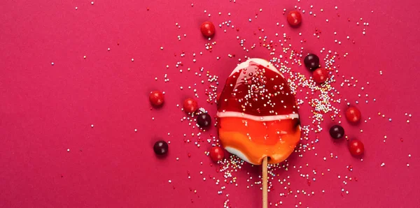 Gemengde Collectie Van Kleurrijke Snoep Roze Achtergrond Bovenaanzicht Panorama Met — Stockfoto