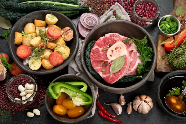 Carne Legumes Frescos Para Cozinhar Vista Superior Conceito Alimentação Saudável — Fotografia de Stock