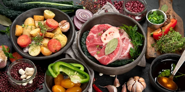 Carne Manzo Verdure Fresche Cucinare Vista Dall Alto Concetto Cibo — Foto Stock