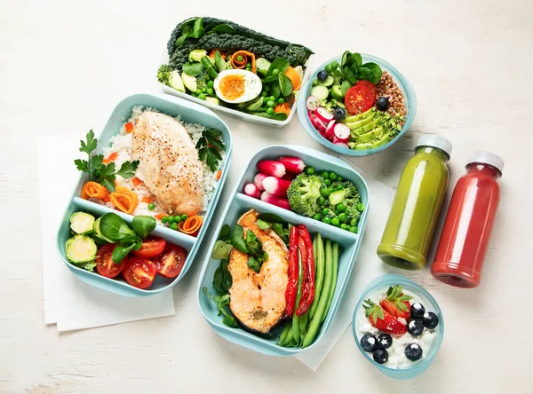 Different types of healthy meals in containers, Takeout food menu, top view, copy space