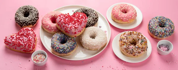 Donuts Doughnuts Chocolate Marshmallow Sugar Sprinkles Pink Background Top View — Stock Photo, Image
