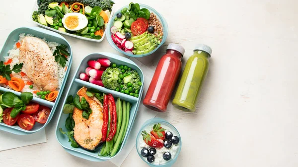Different types of healthy meals in containers, Takeout food menu, top view, copy space