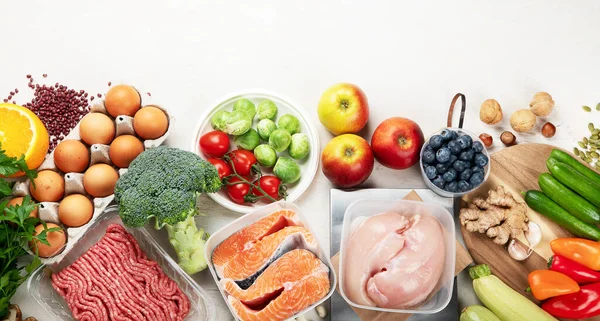Fondo Alimenticio Dieta Equilibrada Nutrición Concepto Comida Limpia Plan Dieta —  Fotos de Stock