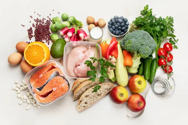 Fundo Alimentação Dieta Equilibrada Nutrição Conceito Alimentação Limpa Plano Dieta — Fotografia de Stock