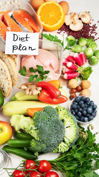 Fondo Alimenticio Dieta Equilibrada Nutrición Concepto Comida Limpia Plan Dieta — Foto de Stock