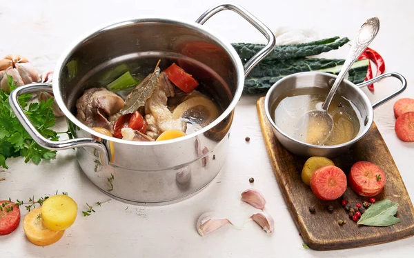 Beef Broth Beef Meat Bones Slow Cooked Vegetables Carrot Onion — Stock Photo, Image