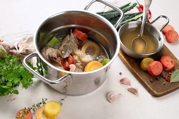 Beef Broth Beef Meat Bones Slow Cooked Vegetables Carrot Onion — Stock Photo, Image