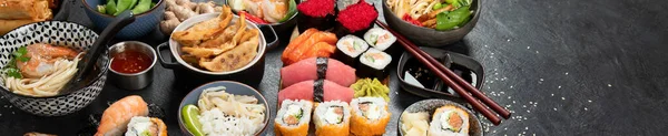 Traditional Japanese Food Dishes Black Background Panorama Banner — Stock Photo, Image