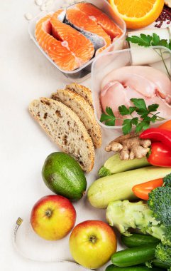 Dengeli beslenme geçmişi. Beslenme, temiz yeme konsepti. Vitamin ve mineralli diyet planı.