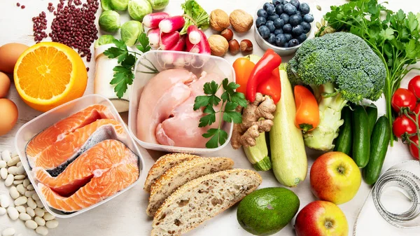 Fundo Alimentação Dieta Equilibrada Nutrição Conceito Alimentação Limpa Plano Dieta — Fotografia de Stock