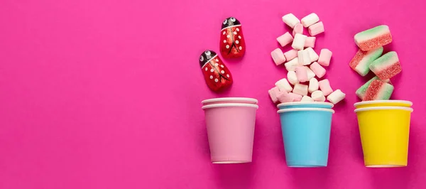 Assorted Multicolored Sweet Jelly Candies Marshmallows Eco Cups Pink Background — Stock Photo, Image