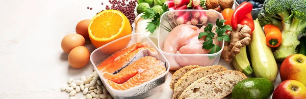 Fondo Alimenticio Dieta Equilibrada Nutrición Concepto Comida Limpia Plan Dieta —  Fotos de Stock