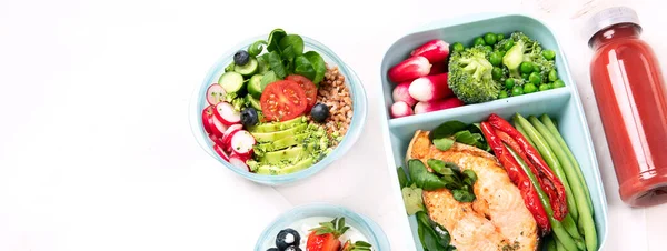 Different types of healthy meals in containers, Takeout food menu, top view, copy space, panorama, banner