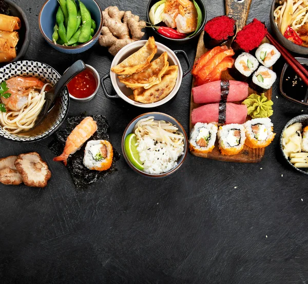 Traditional Japanese Food Dishes Black Background Top View Copy Space — Stock Photo, Image