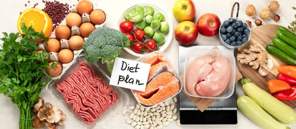 Balanced diet food background. Nutrition, clean eating food concept. Diet plan with vitamins and minerals. Panorama.