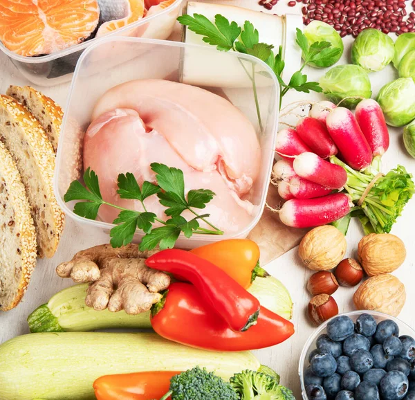 Balansert Kostholdsbakgrunn Ernæring Rent Matkonsept Diettplan Med Vitaminer Mineraler – stockfoto